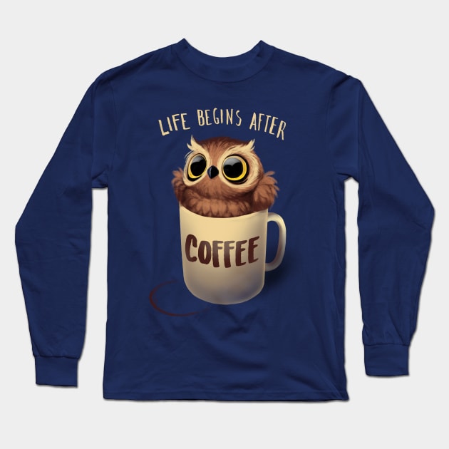 Night Owl - Fluffy Cute Bird - Morning Coffee Long Sleeve T-Shirt by BlancaVidal